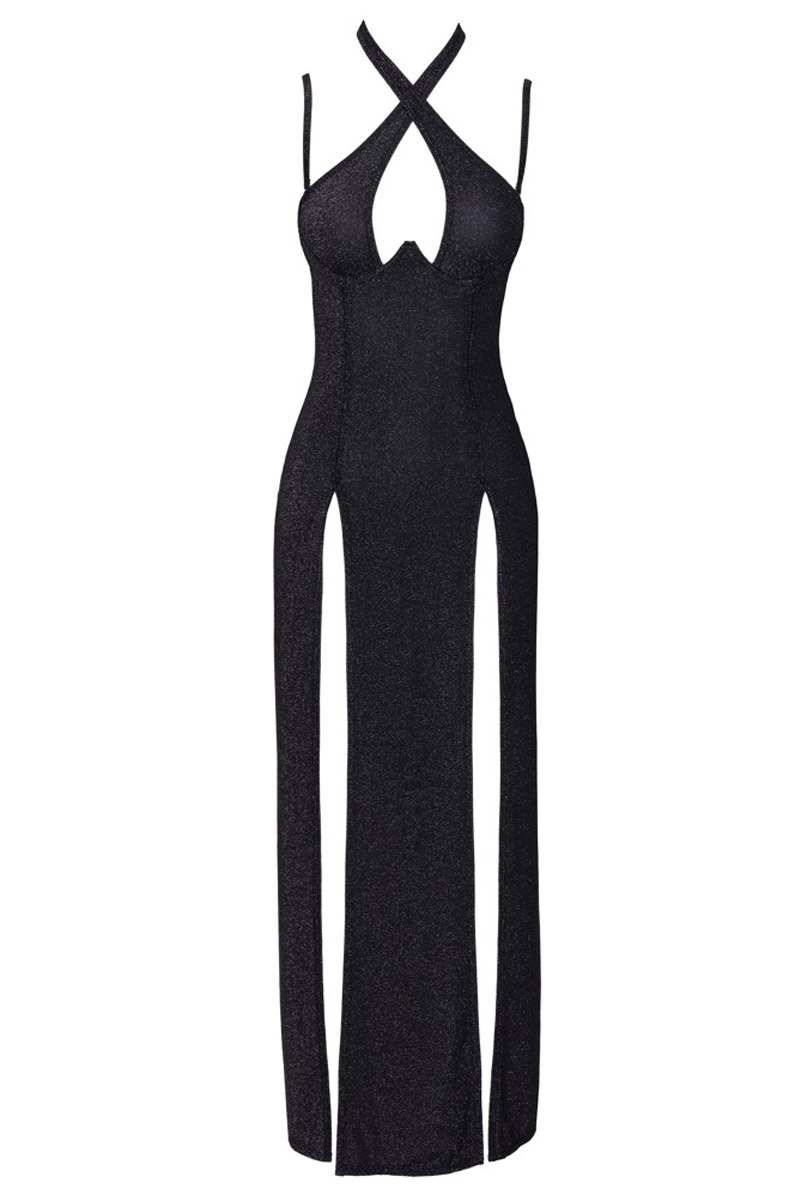 Robe longue à décolleté plongeant noire argentée - Cottelli PARTY 2 Robe longue à décolleté plongeant noire argentée - Cottelli PARTY – Image 2
