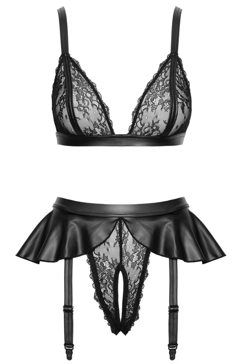 Soutien-gorge et slip fendu à jarretelles noir - Cottelli LINGERIE 2 Soutien-gorge et slip fendu à jarretelles noir - Cottelli LINGERIE – Image 2